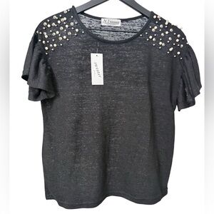 N.T Collection Black Pearl-Accent Short Sleeve Top
